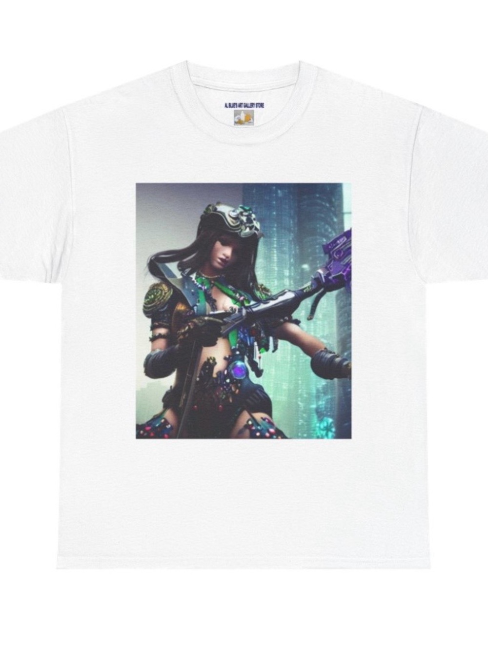 Al Blue designed,Graphic Tee with Futuristic Warrior Print - White